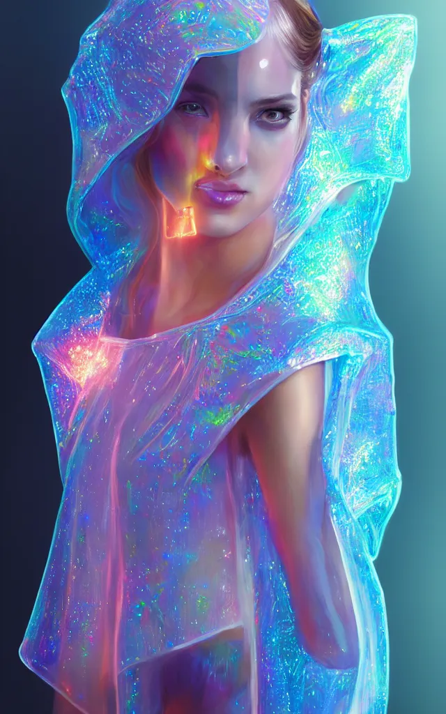 Image similar to transparent poncho, holographic plastic, pearl shine translucency, fashion design, neon illumination, qr detailed sleeves, sport photoshoot, digital art, highly detailed, character design, artstation, concept art, art by artgerm, greg rutkowski, craig mullins, stanley artgerm lau, wlop, ross tran, james jean