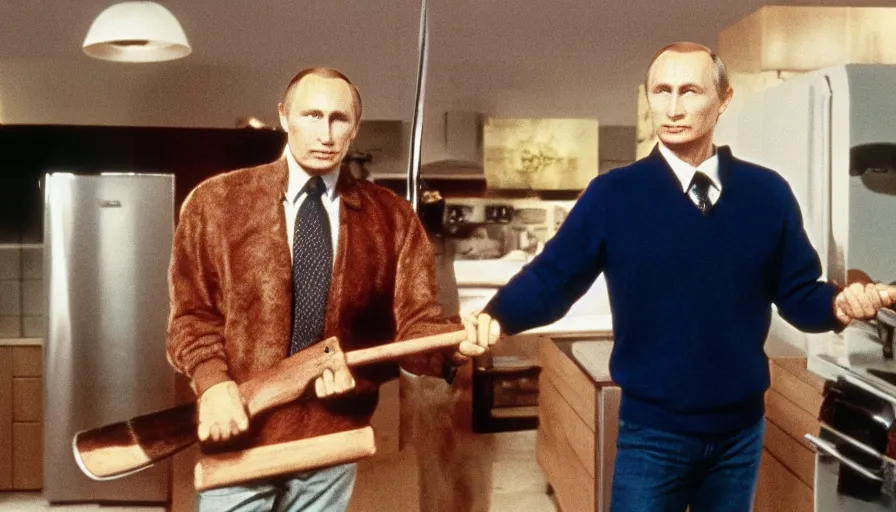 Prompt: 7 0 s movie still of putin in teleshopping show, proudly holding an axe. cinestill 8 0 0 t _ 3 5 mm eastmancolor, heavy grain, high quality, high detail