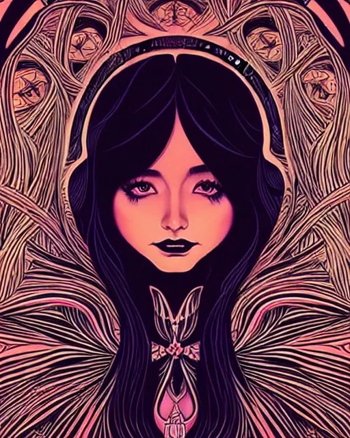 Image similar to style of audrey kawasaki, artgerm : : gorgeous willa holland : : evil witch, swirling black magic, black dress : : symmetrical face, symmetrical eyes : : full body pose : : gorgeous black hair : : magic lighting, low spacial lighting : :