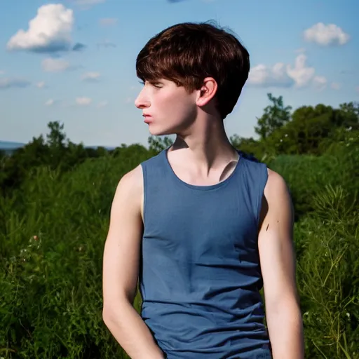 Prompt: Portrait of a 21 yo boy with natural brown hair, smooth pale skin. A Fischer net tank top. Blue sky.