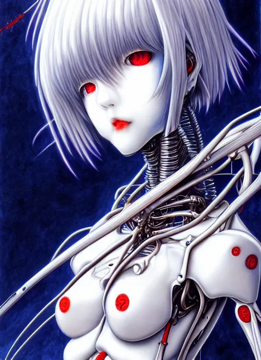Image similar to Rei Ayanami by Yoshitaka Amano, by HR Giger, biomechanical, profile portrait, 4k, wide ayes, hyper detailed, hyperrealism, anime, a Blood Moon rising on a Broken World 4k very detailed deviantart artstation