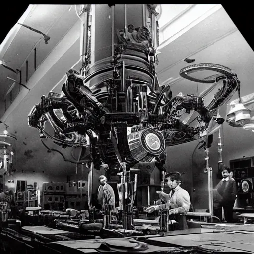 Prompt: scientists discovering an alien war machine inside a lab, 1 9 2 0's sci - fi, black and white, 8 k, highly ornate intricate details, extreme detail,
