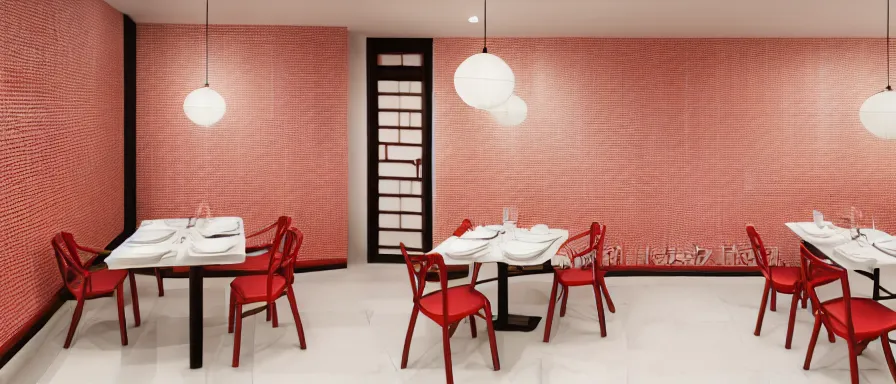 Image similar to a beautiful simple interior render of small roasted string hotpot restaurant restaurant yan'an, wall corner, from china, red paper wall and white tile floor, rectangle white porcelain table, fine simple delicate structure, chinese style, simple composition, simple style structure decoration design, victo ngai, 4 k hd