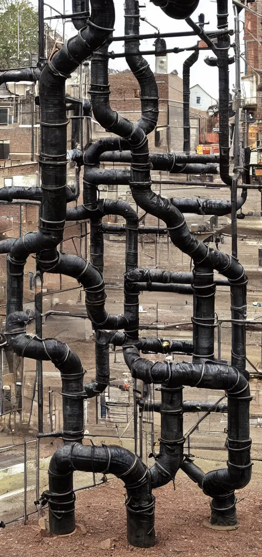 Image similar to black slimy monster with rusty pipes and scaffolding