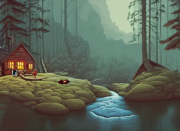 Image similar to matte sharp painting, a river running past a cozy cabin in the forest, juxtapoz, artforum, gary baseman, preston blair, tex avery, dan mumford, pedro correa