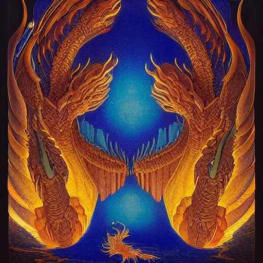 Prompt: a detailed digital art of a massive dragon-like creature with wings made of fire blazes through the night sky, leaving behind a trail of destruction, 'by Joseph Cornell, Lawren Harris and James Jean:2', 'style of opalescent, Myst, optical illusion, grim dark, Ancient Egyptian, Cambrian,detailed, ornate, maximalist, 8k, cinematic, compositing, post processing, award winning art,artstationHQ,artstationHD