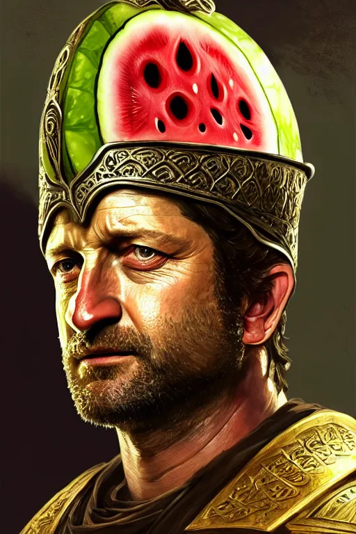 Prompt: portrait gerard butler as a greek king with a watermelon helmet, greek, intricate, headshot, key visual, conceptart, ambient lighting, highly detailed, digital painting, artstation, concept art, sharp focus, by makoto shinkai and akihiko yoshida and greg manchess