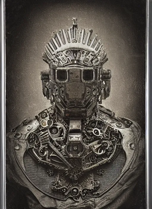 Prompt: old wetplate daguerreotype frame portrait of a futuristic silver armored king arthur emperor district 9 cyborg, fractal, intricate, elegant, highly detailed, subsurface scattering, by jheronimus bosch and greg rutkowski and louis jacques mande daguerre