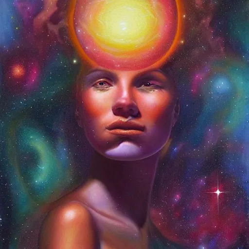 Image similar to A beautiful painting of a cosmic being with a nebula as its body by Jim Burns, Trending on artstation.