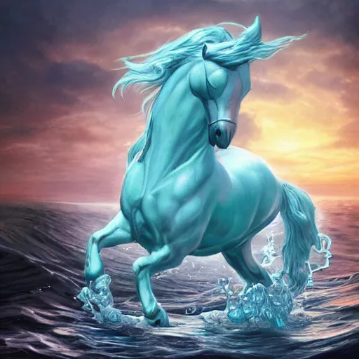 Prompt: a fantastical transparent small turquoise spirit horse made of water and foam and algae, splashing water, wave, translucent, ethereal, noble, radiant, hyperalism, scottish folklore, digital painting, artstation, concept art, smooth, 8 k frostbite 3 engine, ultra detailed, art by artgerm and greg rutkowski and magali villeneuve