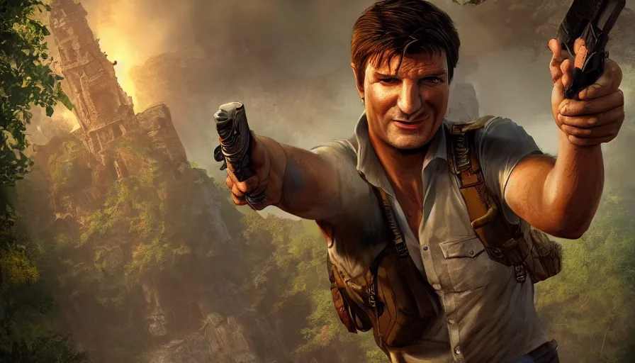 Prompt: nathan fillion is nathan drake from uncharted, hyperdetailed, artstation, cgsociety, 8 k