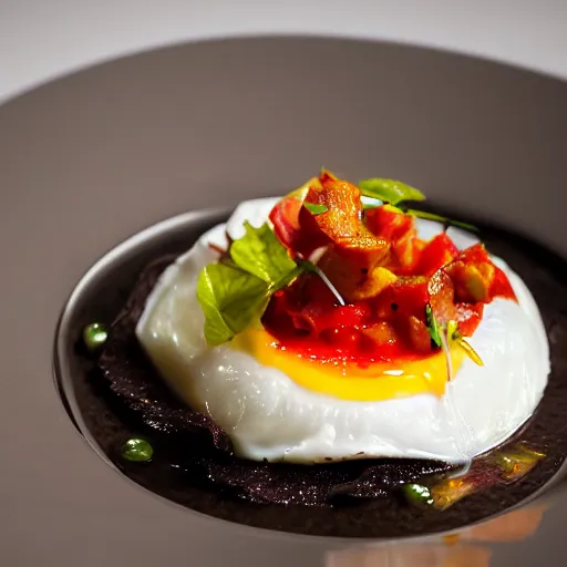 Image similar to black pudding ceviche in leche de tigre, roasted tomatoes, fried egg, chili oil, michelin starred restaurant, award winning photography, noma, by rene redzepi, by pierre gagnaire, food photography, highly detailed, culinary plating