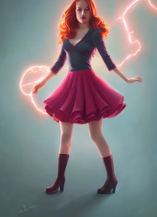 Image similar to full body portrait of teenage cheryl blossom, bangs, green eyes, sultry expression, red hair, sultry smirk, bangs and wavy hair, pink skirt, intricate, elegant, glowing lights, highly detailed, digital painting, artstation, concept art, smooth, sharp focus, illustration, art by wlop, mars ravelo and greg rutkowski