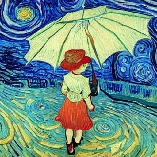 Image similar to girl with an umbrella girl with an umbrella. a walk inside a van gogh painting is a starry night. inside the painting. see everything from the inside. clearly detailed. dramatic.