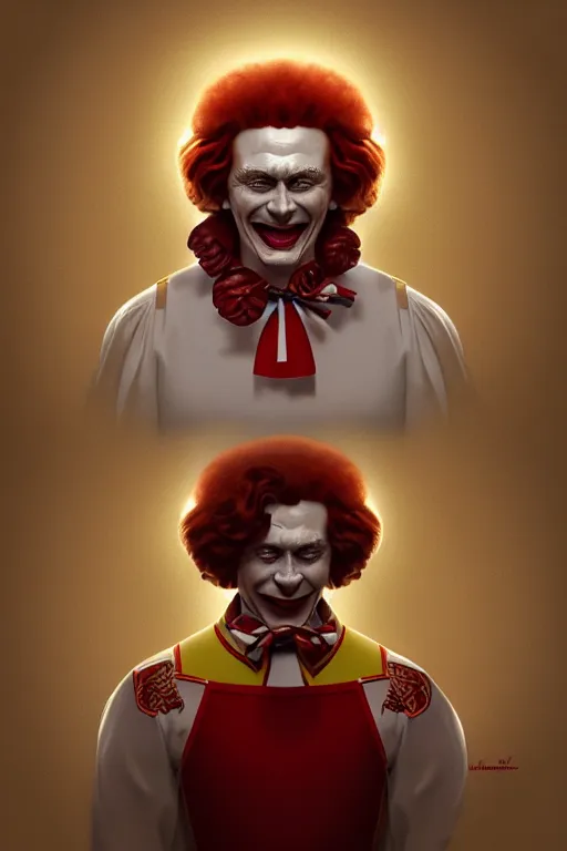 Image similar to vladimir putin as ronald mcdonald, 2 d portrait, symmetrical, highly detailed, digital painting, artstation, concept art, smooth, sharp focus, illustration, cinematic lighting, art by artgerm and greg rutkowski and alphonse mucha