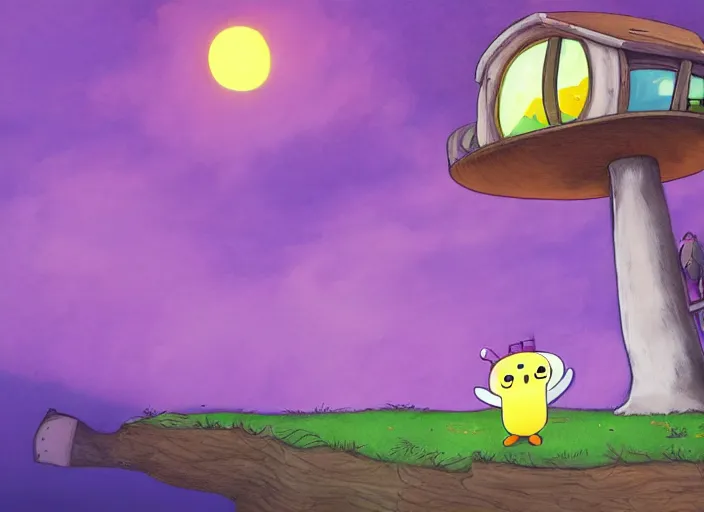 Image similar to a realistic photograph of Beemo from adventure time playing with a penguin, photorealistic, photograph, in a treehouse purple sky