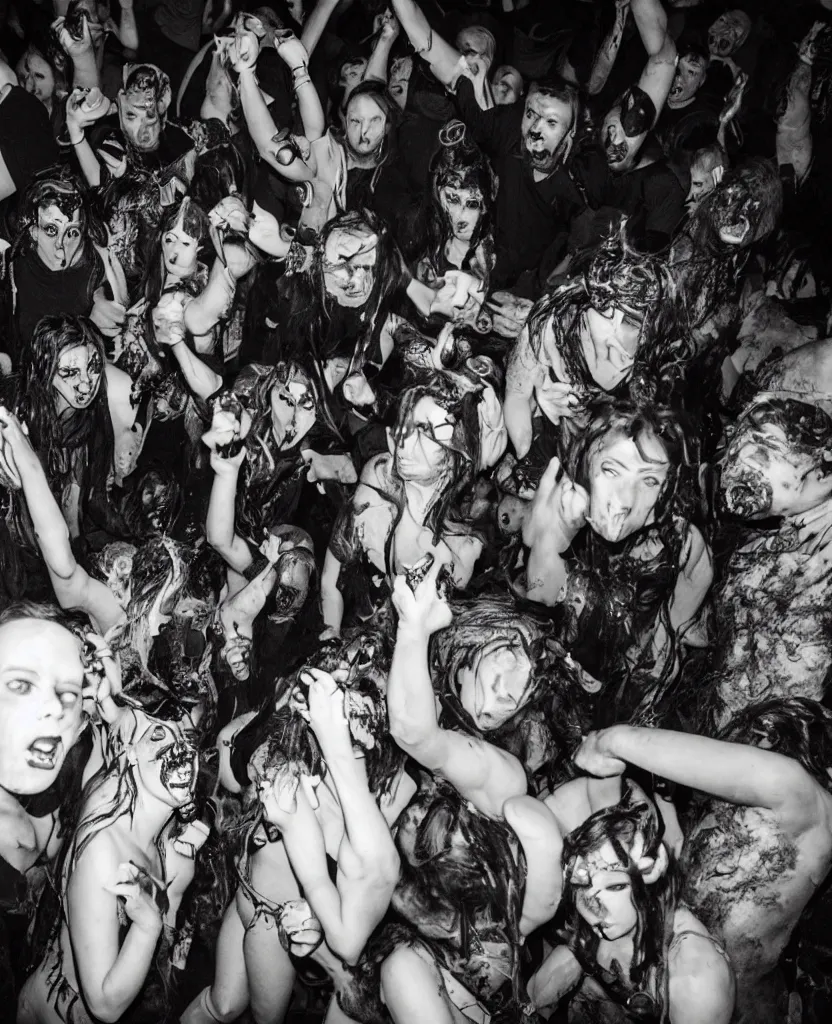 Image similar to photos of a wild underground party taken by merlin bronques, angry demonic death ghosts