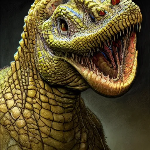 Image similar to vladimir putin, anthropomorphic bald prehistoric reptile, lizard putin, toothless, horror, macabre by donato giancola and greg rutkowski and wayne barlow and zdzisław beksinski, realistic face, digital art