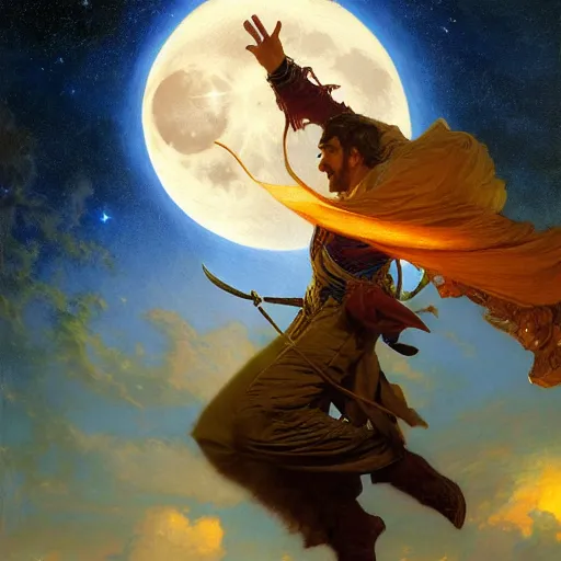 Image similar to attractive male wizard magically floating and flying high in the night sky, fantasy, full moon in background. highly detailed painting by gaston bussiere, craig mullins, j. c. leyendecker, mid shot, 8 k