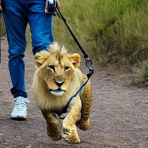 Image similar to a human taking his pet lion for a walk