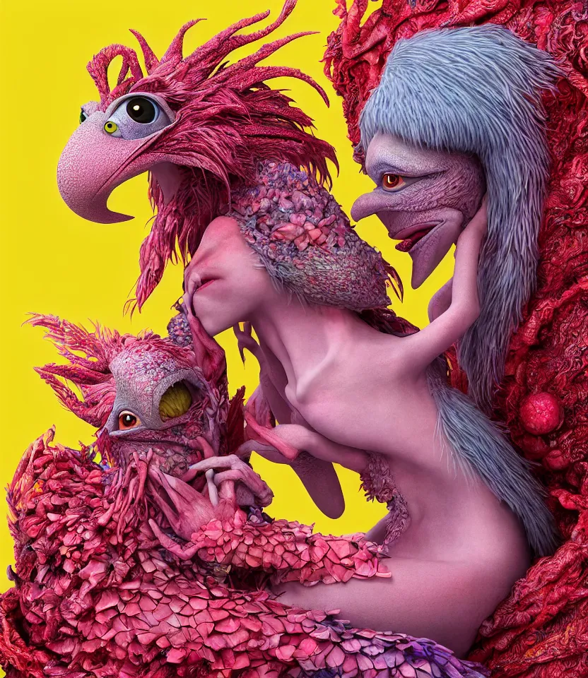 Image similar to hyper detailed 3d render like a Oil painting - kawaii portrait of lovers hugging or kissing Aurora (a beautiful girl skeksis muppet fae princess protective playful expressive acrobatic from dark crystal that looks like Anya Taylor-Joy) seen red carpet photoshoot in UVIVF posing in scaly dress to Eat of the Strangling network of yellowcake aerochrome and milky Fruit and His delicate Hands hold of gossamer polyp blossoms bring iridescent fungal flowers whose spores black the foolish stars by Jacek Yerka, Ilya Kuvshinov, Mariusz Lewandowski, Houdini algorithmic generative render, golen ratio, Abstract brush strokes, Masterpiece, Edward Hopper and James Gilleard, Zdzislaw Beksinski, Mark Ryden, Wolfgang Lettl, hints of Yayoi Kasuma and Dr. Seuss, Grant Wood, octane render, 8k