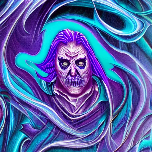 Image similar to sinister sentinel arcane iconic figure in expressive purple and turquoise color palette robe, rippled layers of magic swirls, glyphs, ultra fine detail, swirling clouds of fog, raytracing, highly detailed and intricate, golden ratio, dark gradient ink with intricate designs, hypermaximalist, elite, horror, creepy, ominous, haunting, majestic, ephemeral, cinematic, art style by cgsociety, Darius Zawadzki and Jama Jurabaev and Artsation trending