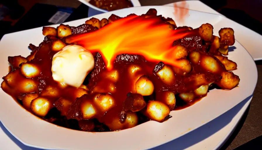 Prompt: poutine ( the canadian meal ) from mount doom, volcano texture, lava texture, fire texture, cheese curds texture