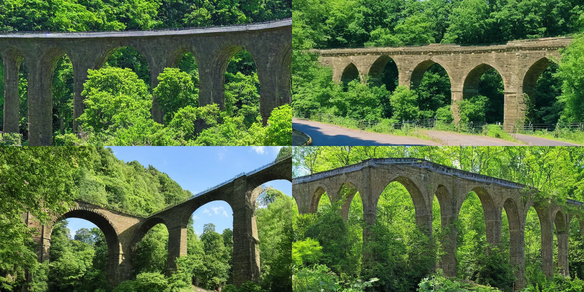 Prompt: A photo of an 19th century bluestone rain viaduct, sunny day with blue sky, green plants in the foreground, trees in the background