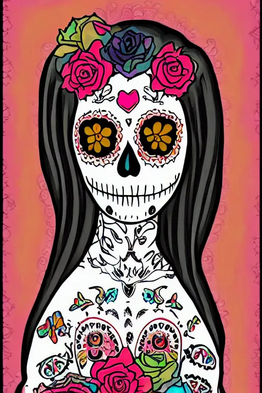Prompt: illustration of a sugar skull day of the dead girl, art by ghibli studio