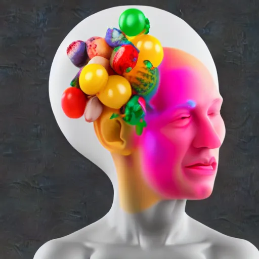 Image similar to a 3 d model of a white marble human head holding a colorful coctail, digital illustration, 3 d render, above the waist