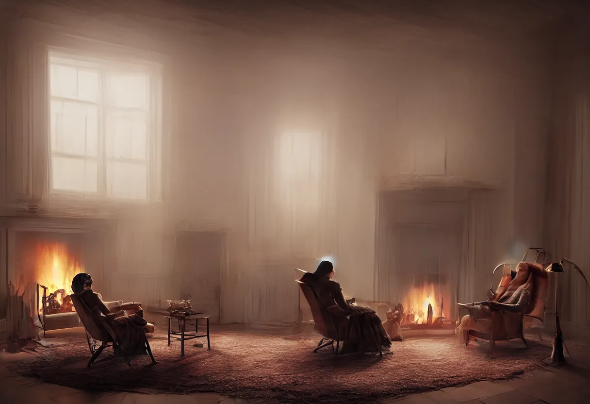 Prompt: intimate portrait photograph of one single lone solitary futuristic robot sitting on a frayed recliner in front of a beautiful fireplace with a cozy fire, in a dupost-apocalyptic Victorian home, soft morning light seeping in a window, with cinematic lighting and lens flare, tall ceiling, octane render, cgsociety, by Simon Stalenhag and Alfonso Cuaron, highly detailed closeup portrait, award-winning highly detailed 8k anamorphic closeup tight cinematic movie photograph