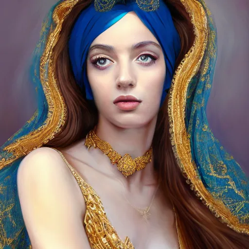 Image similar to detailed painting of a beautiful young Greek female wearing a blue dress with veil by Stanely Artgerm, crystal blue eyes, gold jewellery, long pearly black hair, majestic, beauty, dramatic light, turquoise color scheme, face portrait, ultra realistic, hyper realistic, fantasy, hdr, Trending on Artstation