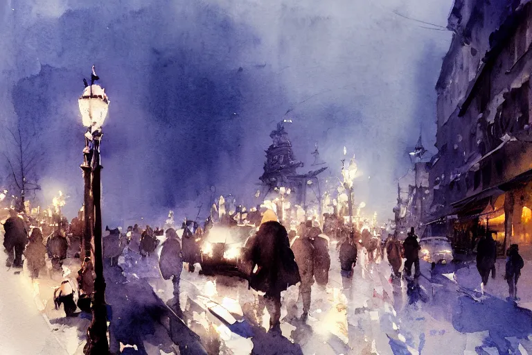 Image similar to abstract watercolor painting of stockholm street, magic diamond crystal winter, traditional, cinematic light, sharp shadows, daylight, national romanticism by anders zorn, by greg rutkowski, by greg manchess