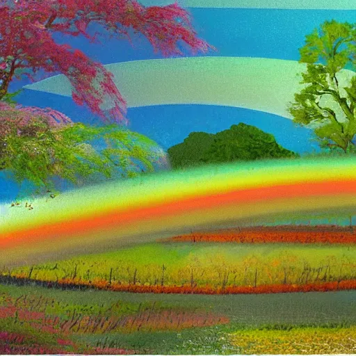 Image similar to A illustration of a beautiful landscape, delicate brushstrokes. peaceful & serene, with a gentle breeze blowing through the trees & flowers. colors are muted & gentle, calm & tranquility. well balanced & harmonious. color & composition, pleasing to the eye & calming to the soul. rainbow by Ed Emshwiller ornamented, exciting