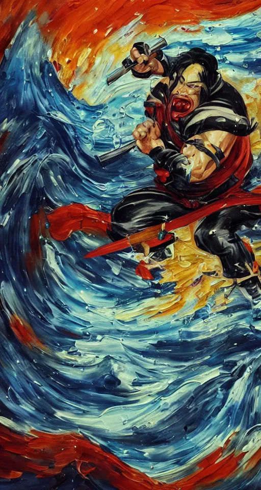 Image similar to beautiful abstract painting, man, ninja with katana of water wave, full body, water fists of fury, crazy hate face, jumping leaping heroic attack, action scene, ultra detailed