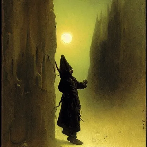 Image similar to portrait of a small pale cowardly man wearing dark hood, fantasy artwork, frightened look, high fantasy, by karl spitzweg