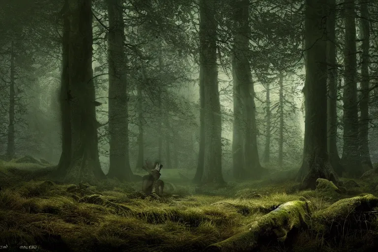 Prompt: dense woodland landscape, English forest, Irish forest, scottish forest, perspective, folklore,King Arthur, Lord of the Rings, Game of Thrones. ultra photoreal , photographic, concept art, cinematic lighting, cinematic composition, rule of thirds , mysterious, eerie, cinematic lighting, ultra-detailed, ultrarealistic, photorealism, 8k, octane render, Albert Bierstadt