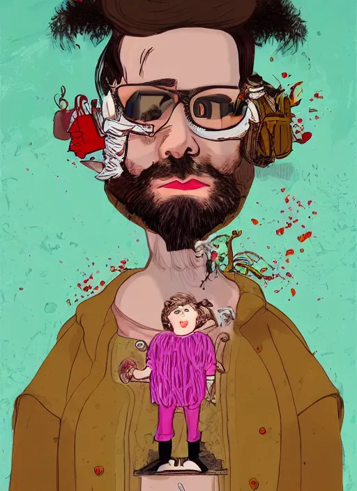 Prompt: a fine portrait paitning of an materialistic philosopher dressed in the clothes of a 6 - year - old girl, he has quite a beautiful body and beard, but the clothes and personality are that of a conceited girl who likes to command, conceptual surreal comic weird bizarre horror art