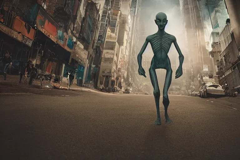 Image similar to an amazing award winning photo of an alien on the run in a unknown alien city, cinematic