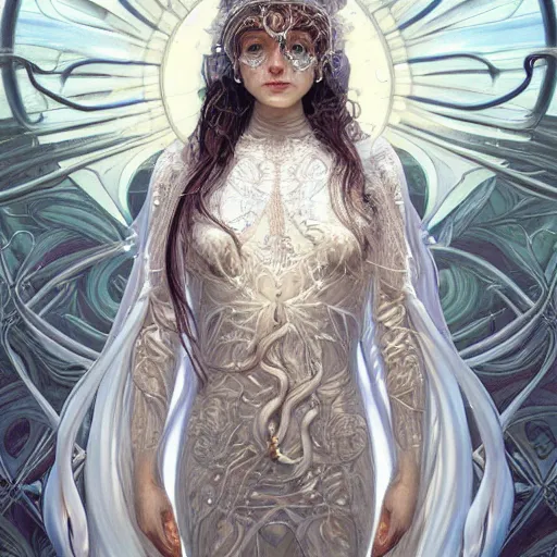 Image similar to a photograpic portrait of a anthropomorphic jellyfish wearing white clothes, fantasy, intricate, elegant, highly detailed, digital painting, artstation, concept art, smooth, sharp focus, illustration, art by artgerm and H R Giger and alphonse mucha