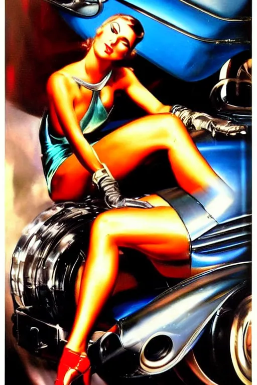 Image similar to muscular mechanic fixing a car engine painting by rolf armstrong, cool colors,