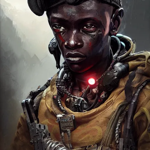 Image similar to a dark and ominous african child soldier with glowing eyes and a half robot face, Apex Legends character digital illustration portrait design, by android jones and greg rutkowski in a cyberpunk voodoo style, detailed, cinematic lighting, wide angle action dynamic portrait