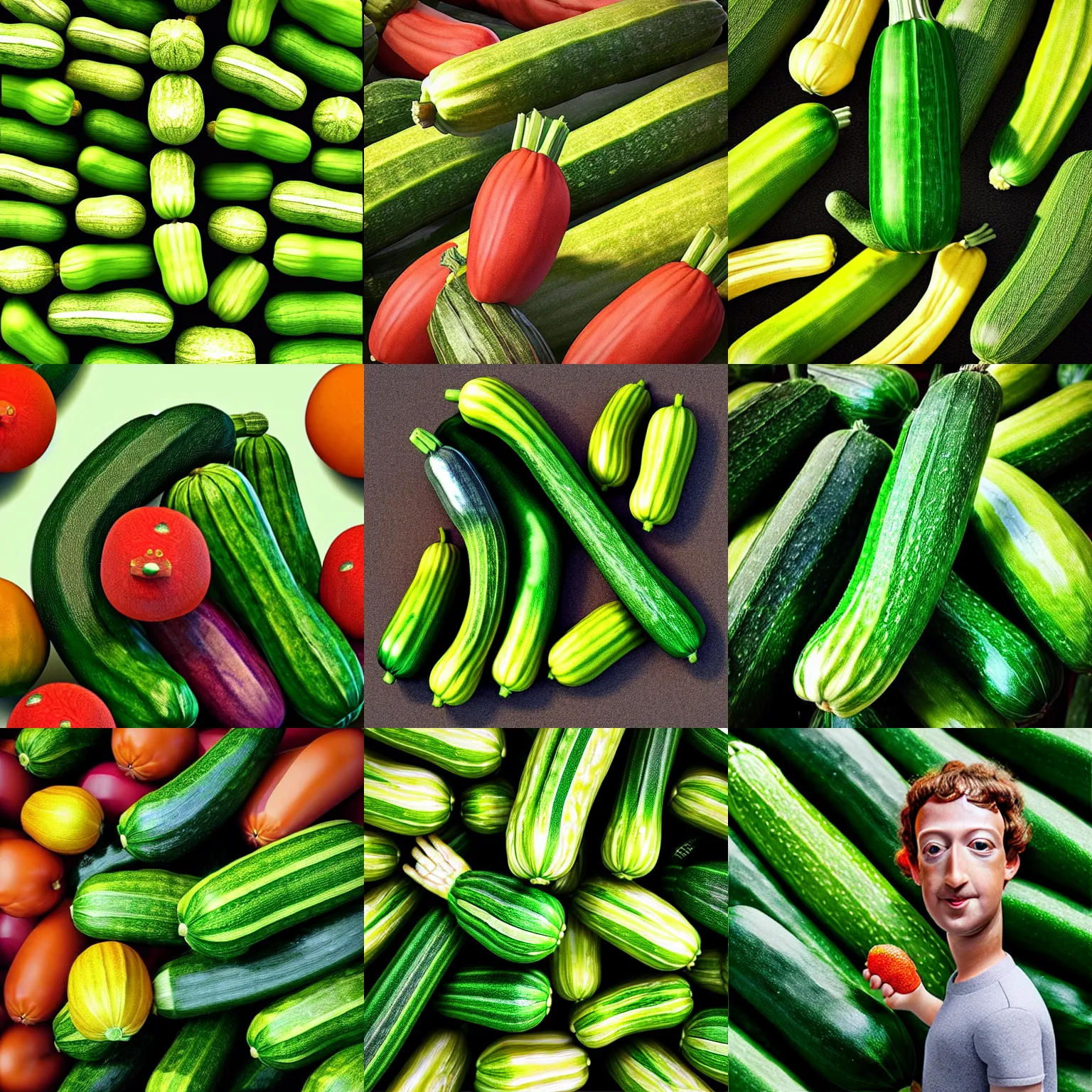 Prompt: “mark zuckerberg as a zucchini, vegetable market stand in the background, digital painting by arcimboldo rendered in octane 3d”