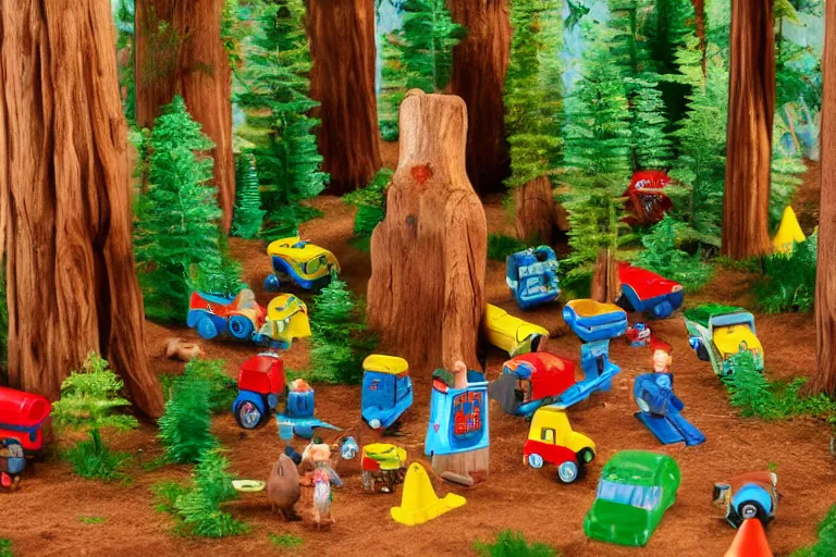 Image similar to fisher price redwood forest, california scene from tv show hyper detailed 5 5 mm 8 5 mm, toy photography, plastic coated