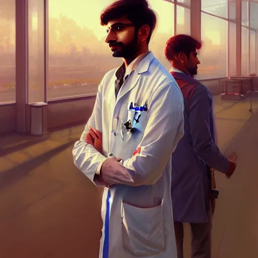 Image similar to Anxious good looking pale young Indian doctors wearing American clothes at the airport, portrait, elegant, intricate, digital painting, artstation, concept art, smooth, sharp focus, illustration, art by artgerm and greg rutkowski and alphonse mucha