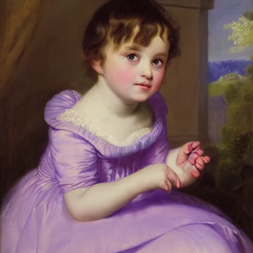 Image similar to portrait of a german toddler princess sitting down in a silk lavender gown, circa 1 8 3 7, by carl joseph begas, highly detailed, beautiful, oil on canvas, 1 8 3 0 s, romanticism