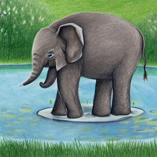 Prompt: a drawing of a baby elephant drinking from a pond, a storybook illustration by jessie newbery, featured on dribble, plein air, storybook illustration, flat shading, whimsical