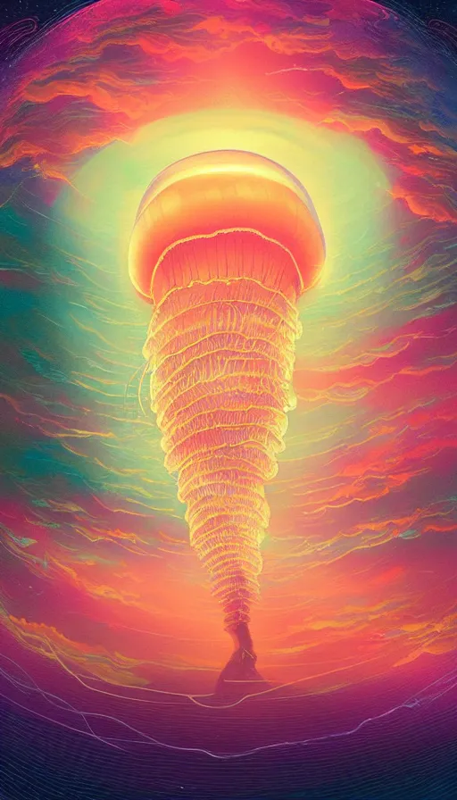 Prompt: little luminous jellyfish floating on cosmic cloudscape at sunset, futurism, dan mumford, victo ngai, kilian eng, da vinci, josan gonzalez