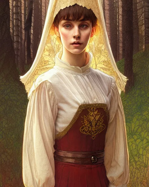 Image similar to symmetry portrait of welsh brunette student in mans tunic, embroidery, tomboy, short hair, intricate forest background, intricate, elegant, highly detailed, digital painting, artstation, concept art, smooth, sharp focus, illustration, art by artgerm and greg rutkowski and fra angelico and alphons mucha