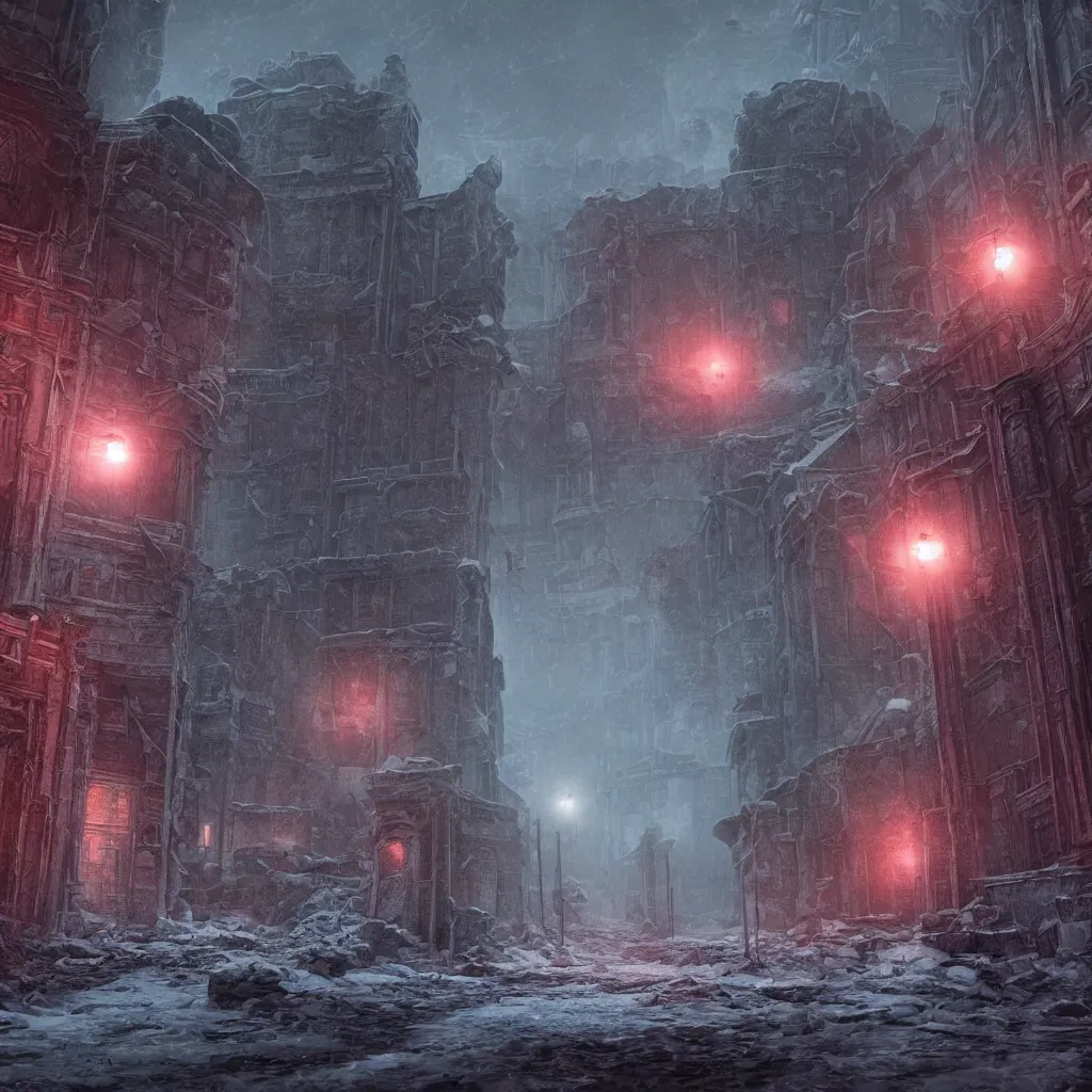 Prompt: a ruined city in the style of aetherpunk, a snowy street, huge red moon, global illumination, detailed and intricate environment, mysterious